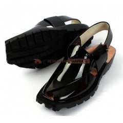 Handmade Black Patent Leather Chappal with Premium Finish