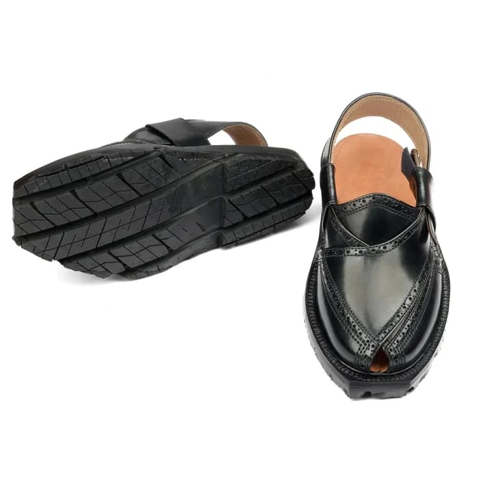 Handmade Black Brock Quetta Norozi Leather Chappal