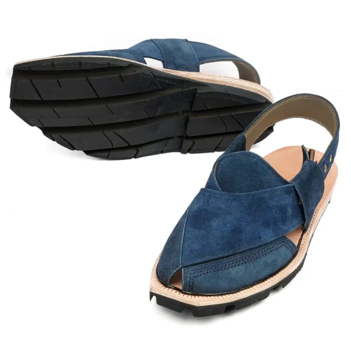 Hand Crafted Blue Suede Quetta Norozi Chappal with Double Sole